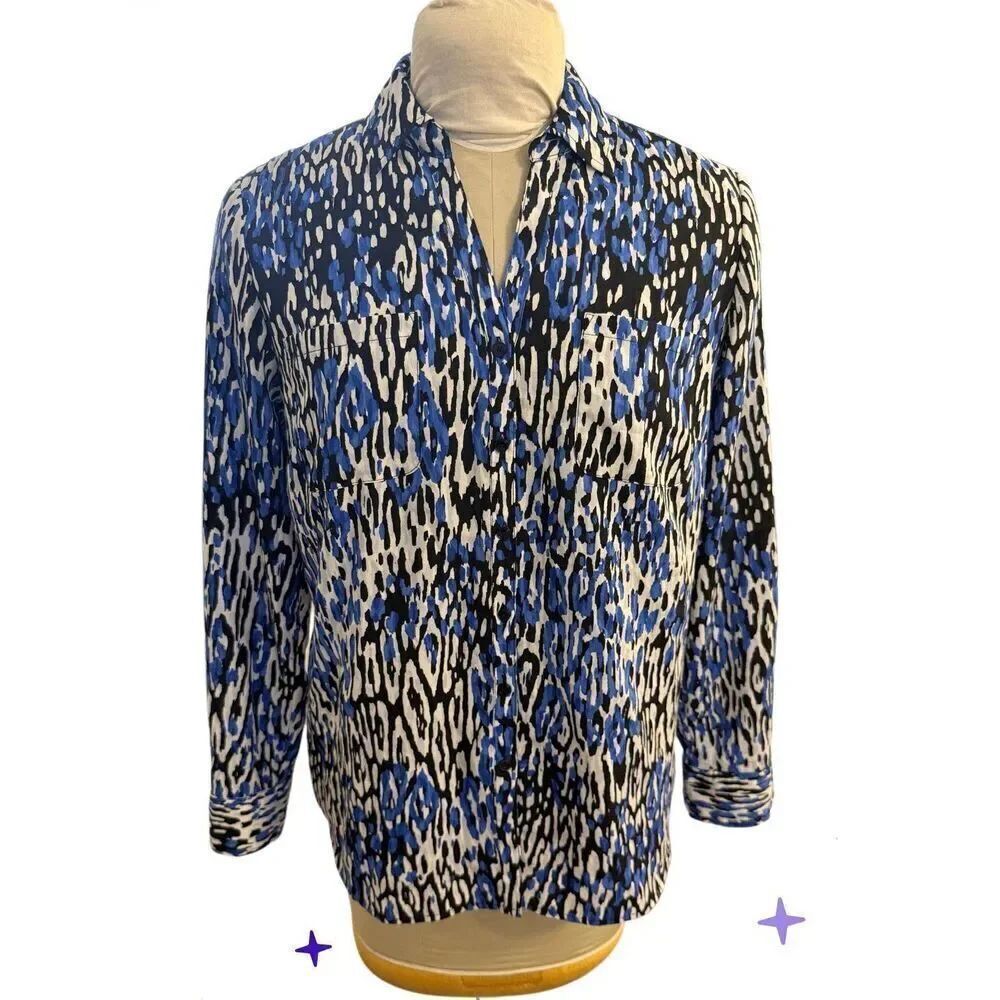 Talbots Nantucket Large Blue Black Abstract Animal Print Blouse Classic Office